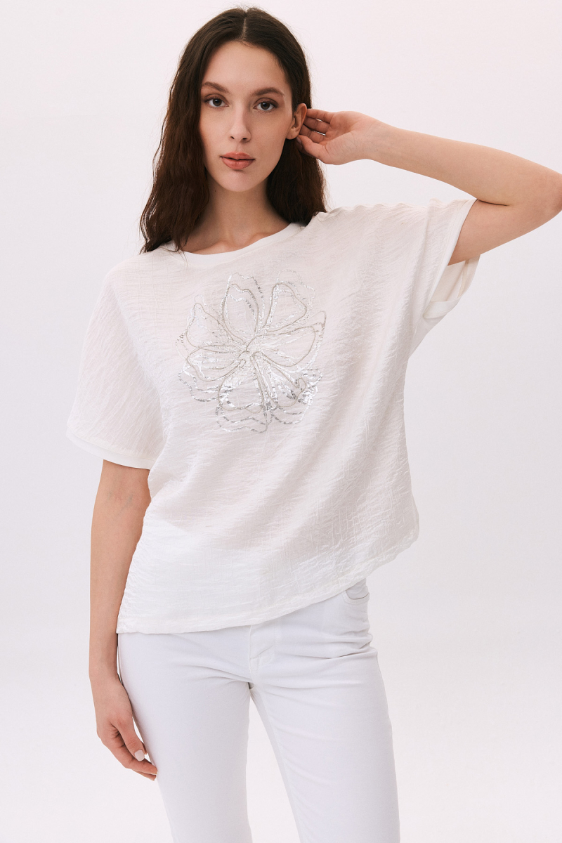 Daido Kadın Yuvarlak Yaka Kısa Kollu Desenli T-Shirt 6217 Ekru Ekru