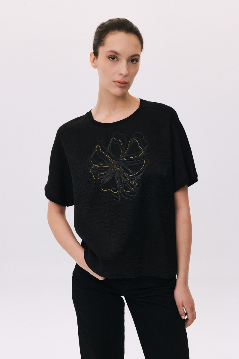 Daido Kadın Yuvarlak Yaka Kısa Kollu Desenli T-Shirt 6217 Siyah Siyah