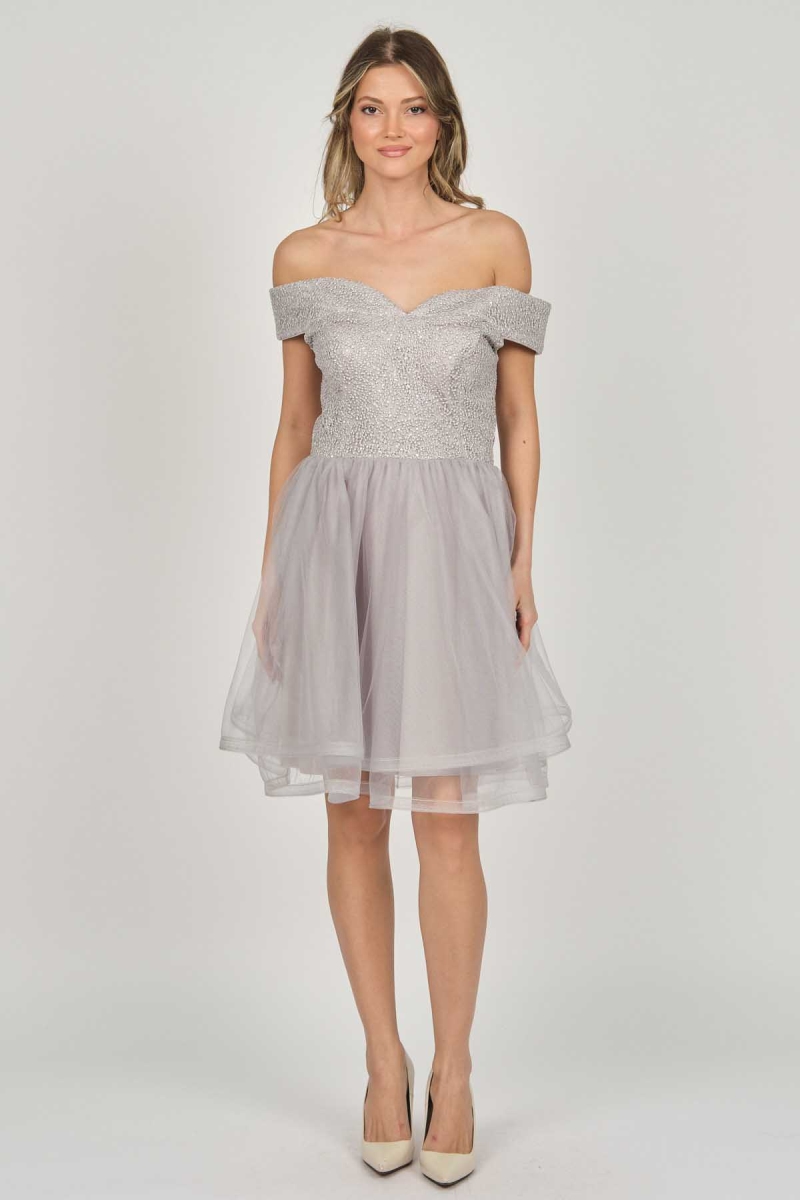 Dans Kadın Düşük Omuz Abiye Elbise 5270928 Gri Gri