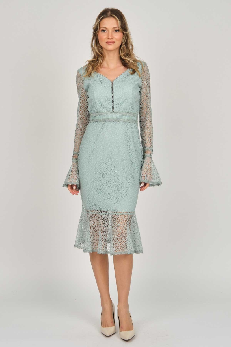 Dans Kadın Uzun Kol Güpürlü Midi Abiye Elbise 5271239 Mint Mint