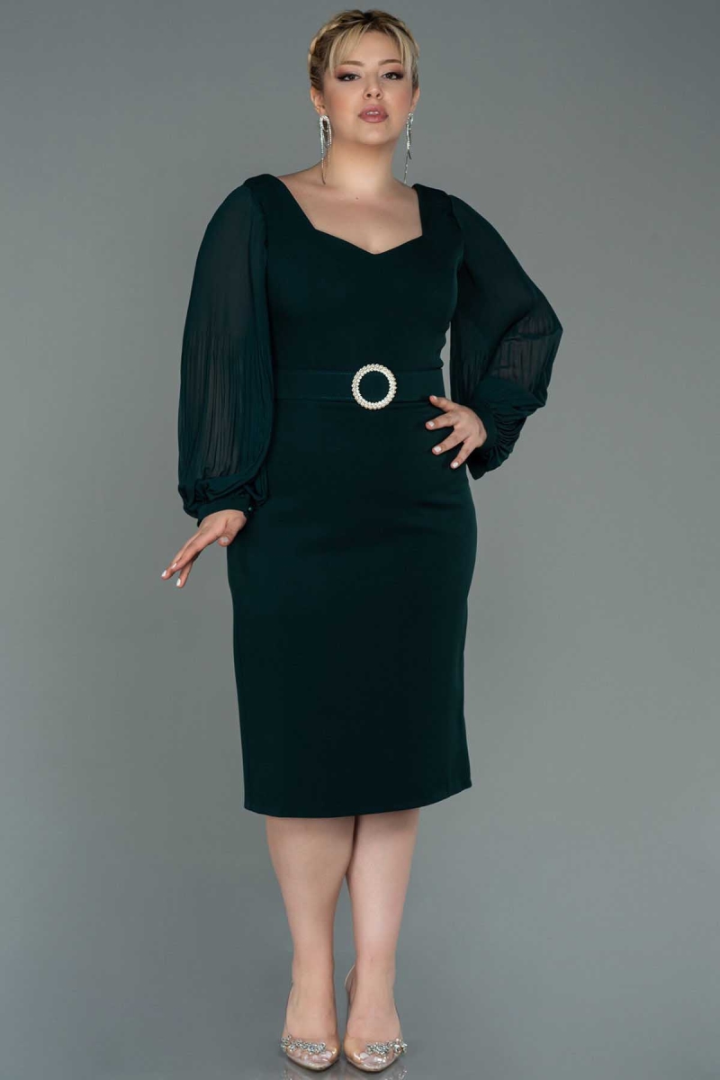 Dans Kadın Uzun Kol Kemerli Midi Büyük Beden Abiye Elbise 1481 Zümrüt ZÜMRÜT