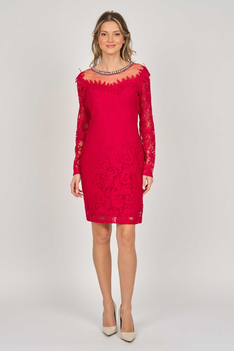 Dans Kadın Uzun Kollu Dantelli Abiye Elbise 5279659 Kırmızı Kırmızı