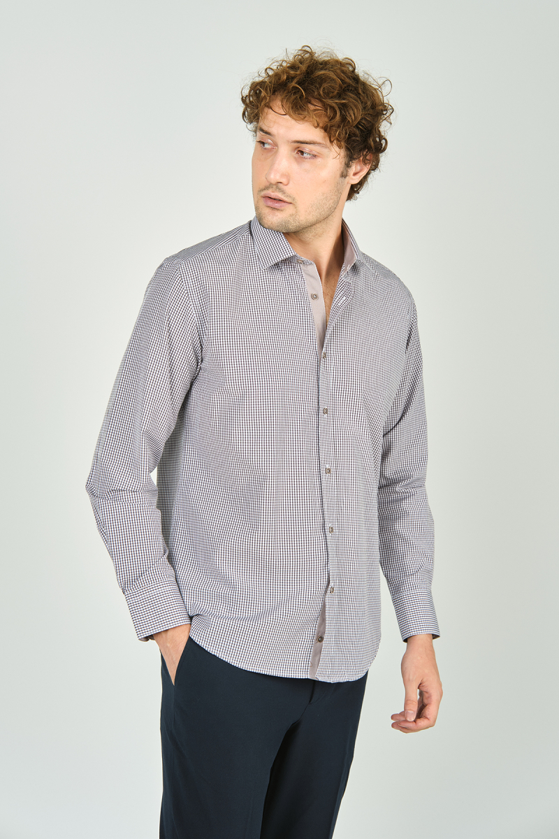 De Leone Erkek Slim Fit Ekoseli Uzun Kollu %100 Pamuk Gömlek 2060 Kahverengi Kahverengi