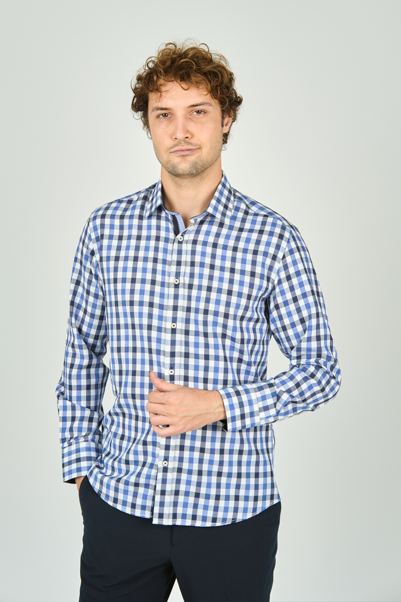 De Leone Erkek Slim Fit Kareli Uzun Kollu %100 Pamuk Gömlek 2240 Mavi Mavi