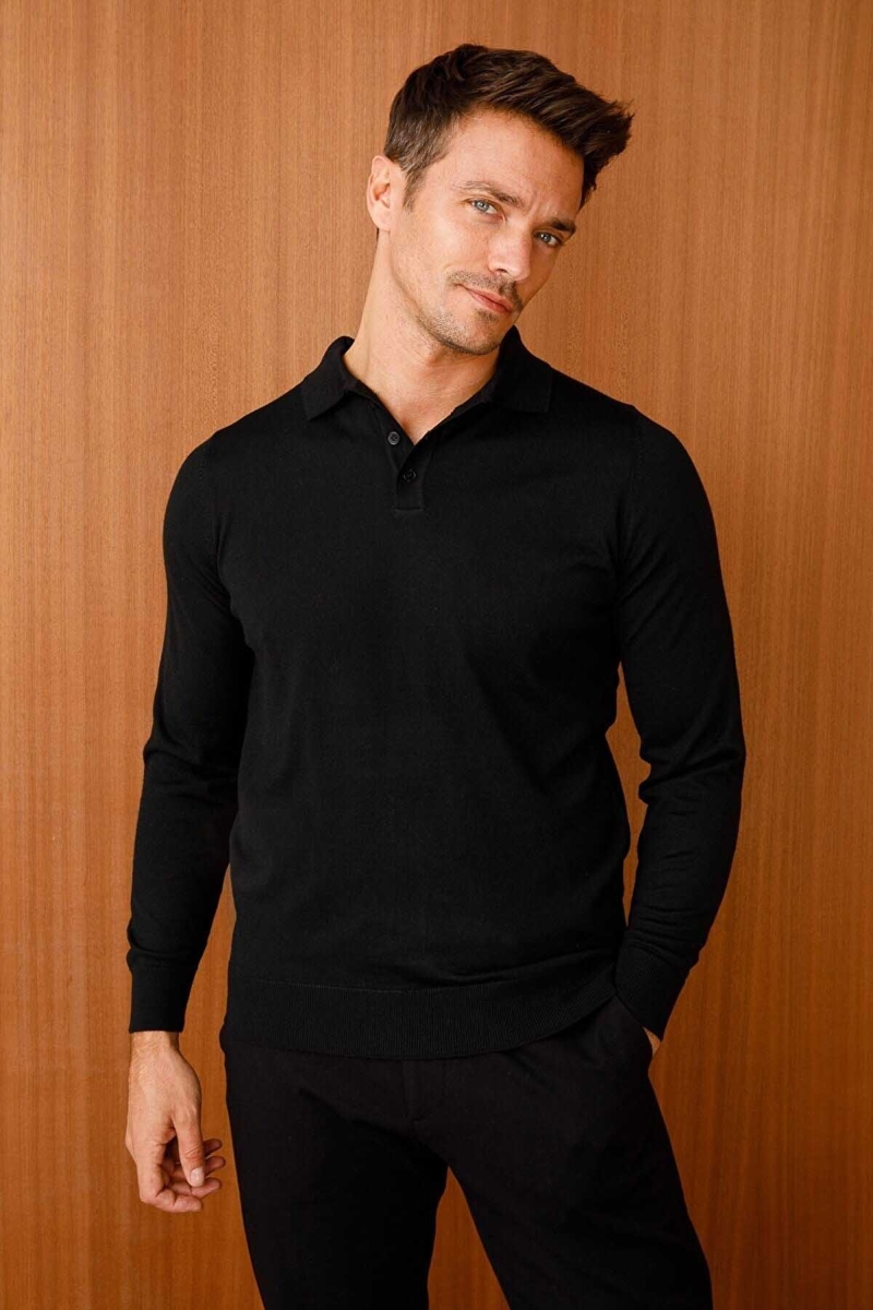 Desen Triko Erkek Basic Polo Yaka İnce Triko Kazak 02421601 Siyah Siyah