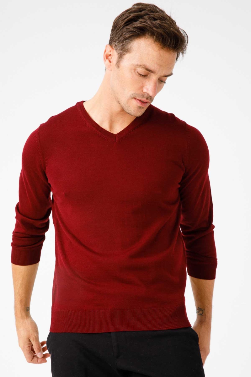 Desen Triko Erkek Basic V Yaka İnce Triko Kazak 02421602 Bordo Bordo