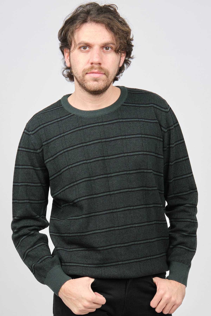 Desen Triko Erkek Bisiklet Yaka Desenli Saf Yün Kazak 0246568 Yeşil Yeşil