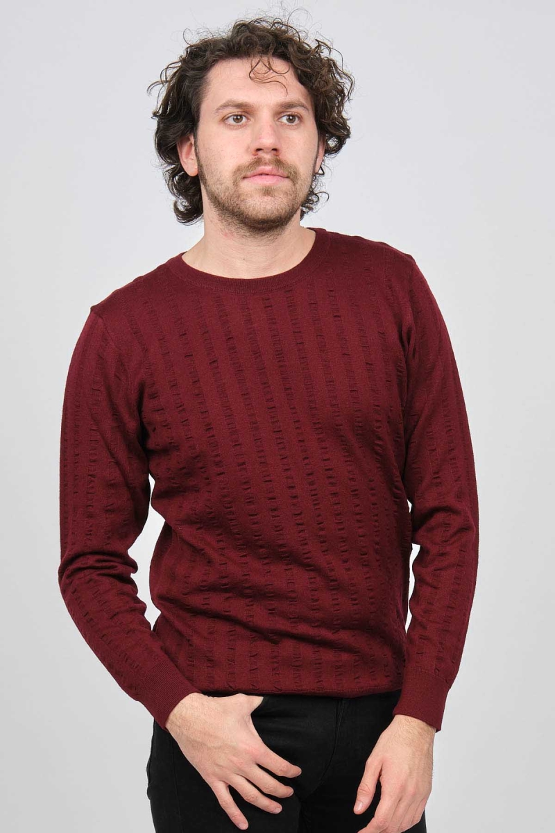 Desen Triko Erkek Bisiklet Yaka Yün Kazak 0249625 Bordo Bordo