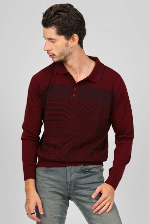 Desen Triko Erkek Desenli Polo Yaka Yün Kazak 0249642 Bordo Bordo
