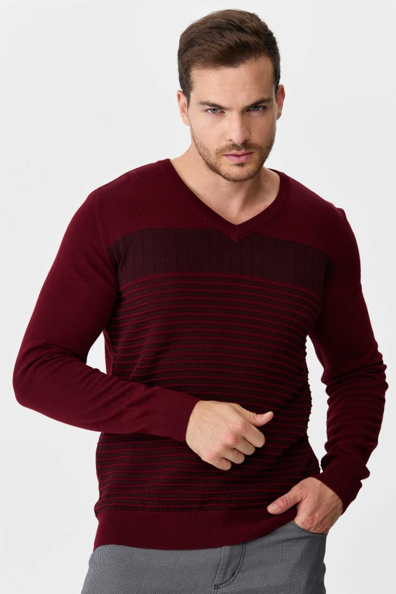 Desen Triko Erkek Desenli V Yaka Yün Kazak 0249640 Bordo Bordo