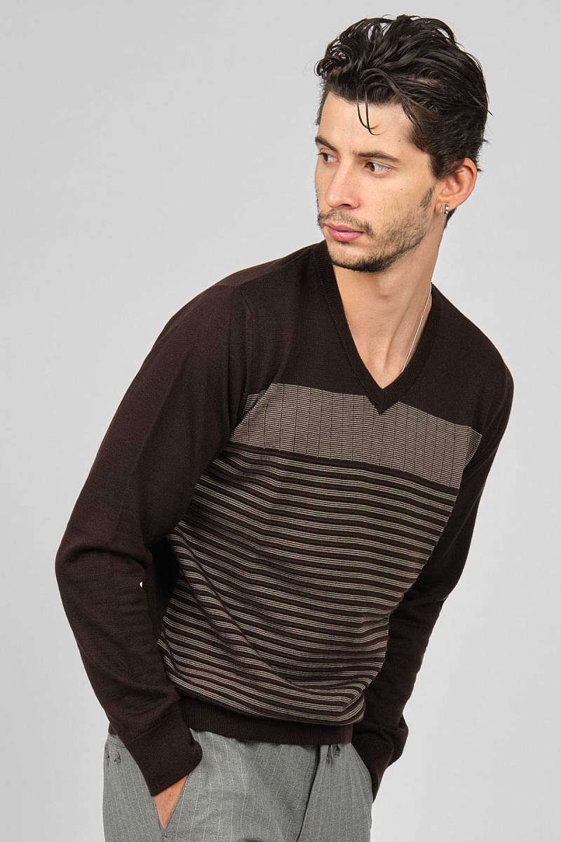 Desen Triko Erkek Desenli V Yaka Yün Kazak 0249640 Kahverengi Kahverengi