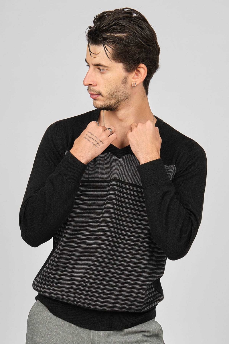 Desen Triko Erkek Desenli V Yaka Yün Kazak 0249640 Siyah Siyah