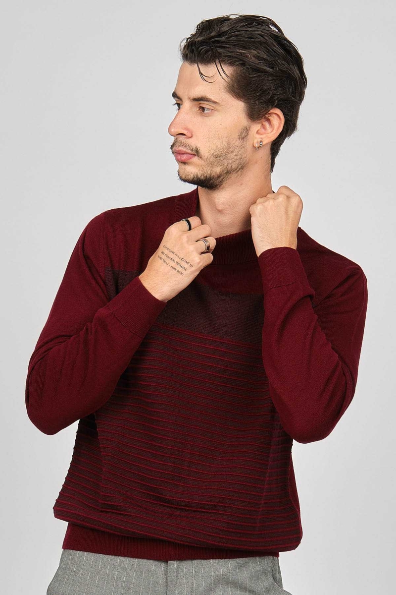 Desen Triko Erkek Desenli Yarım Balıkçı Yün Kazak 0249641 Bordo Bordo