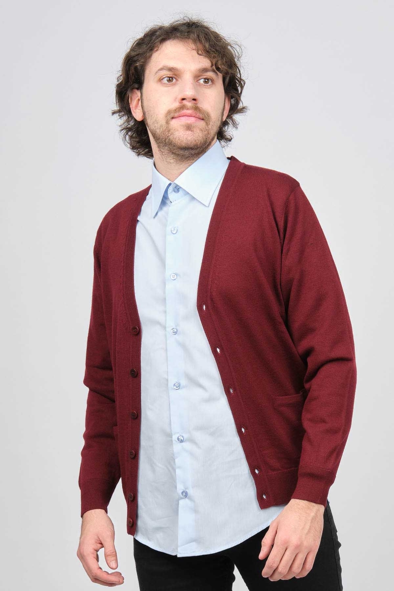 Desen Triko Erkek Düğmeli Saf Yün Hırka 0249505 Bordo Bordo
