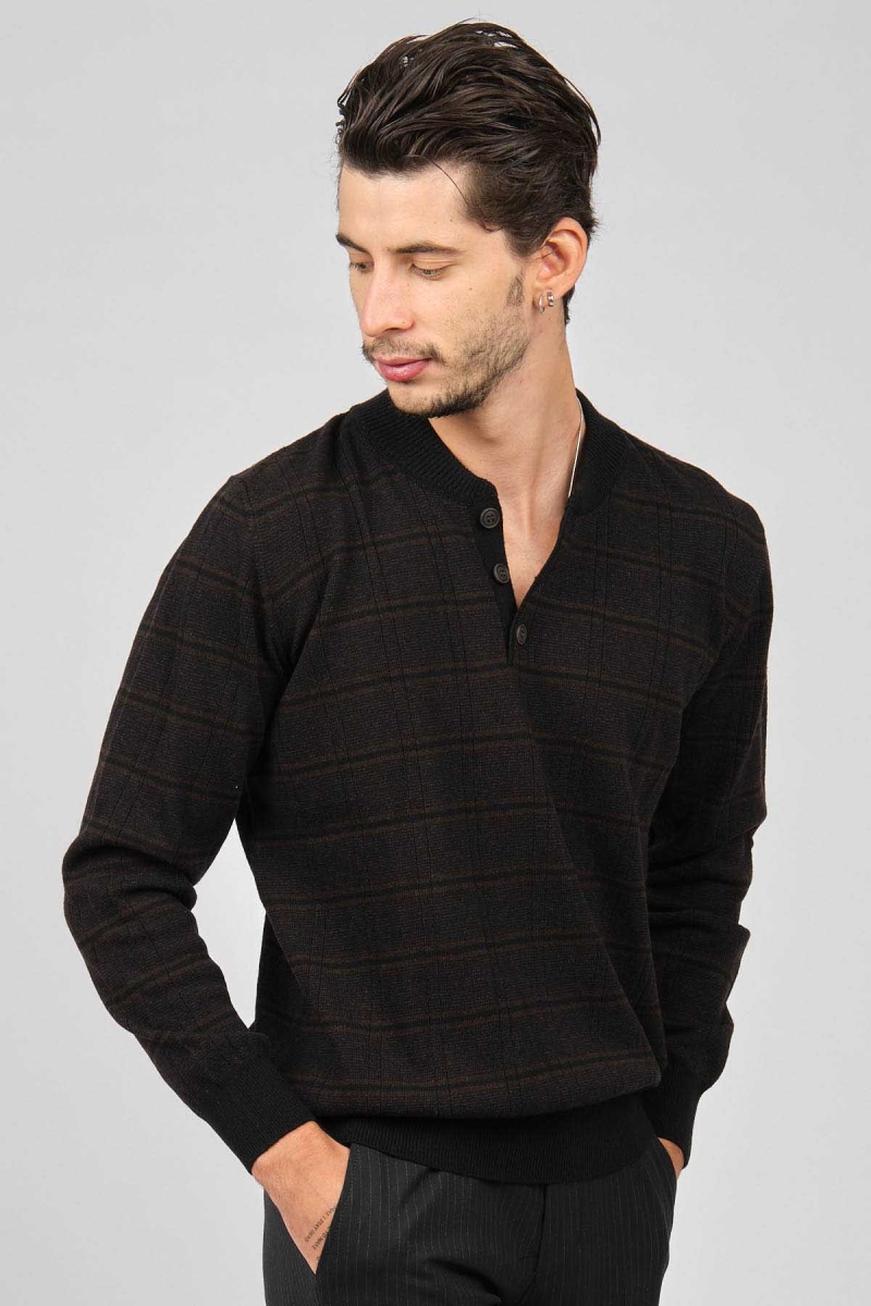 Desen Triko Erkek Düğmeli Yarım Balıkçı Desenli Saf Yün Kazak 0246571 Kahverengi Kahverengi