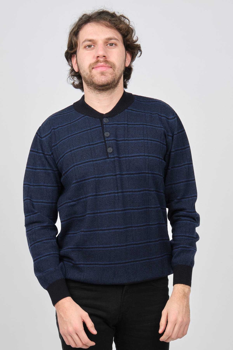 Desen Triko Erkek Düğmeli Yarım Balıkçı Desenli Saf Yün Kazak 0246571 Lacivert Lacivert