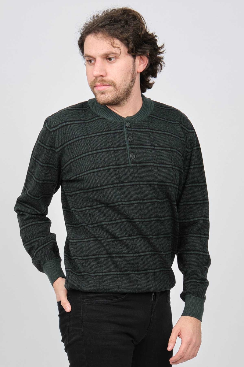 Desen Triko Erkek Düğmeli Yarım Balıkçı Desenli Saf Yün Kazak 0246571 Yeşil Yeşil