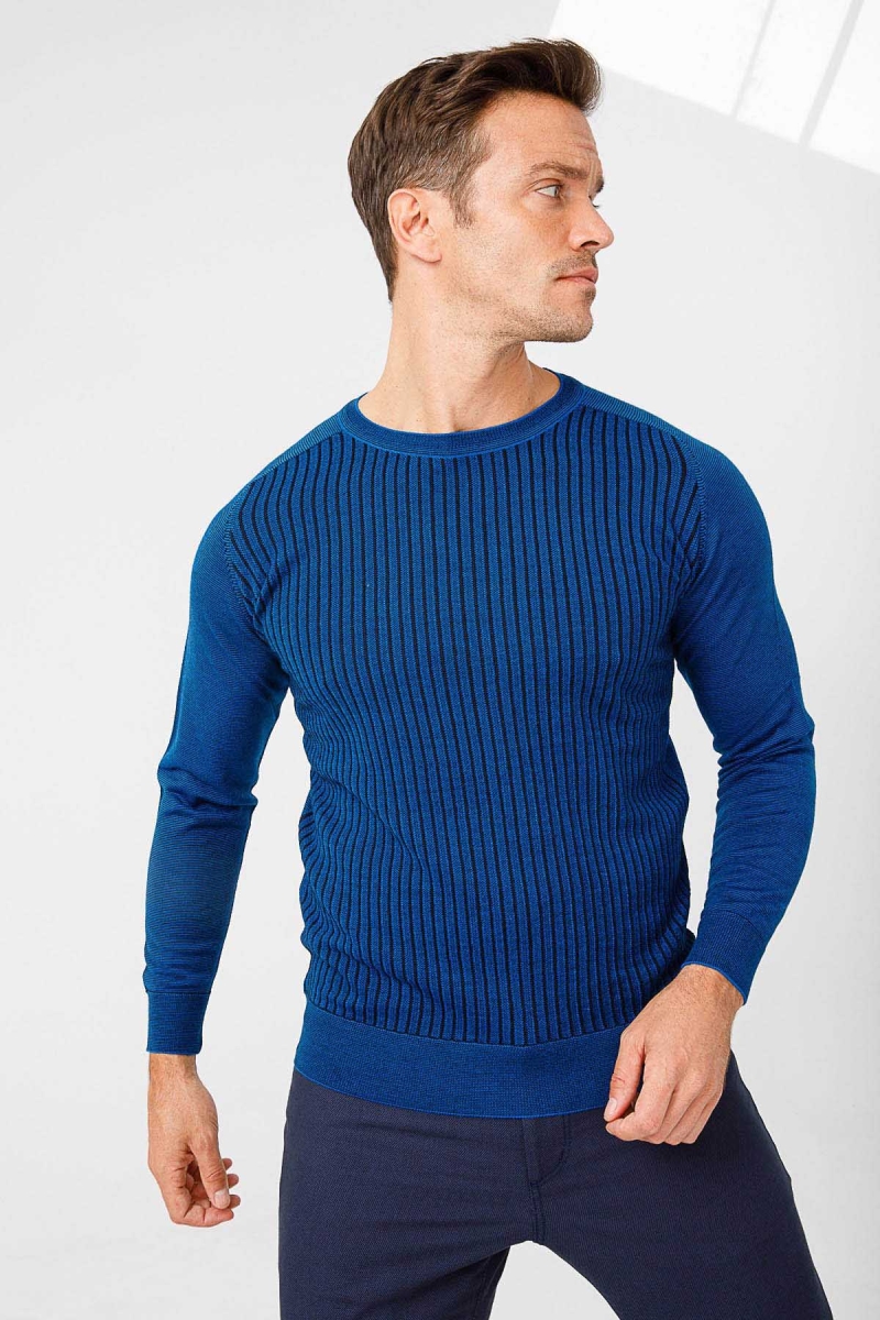 Desen Triko Erkek Önü Çizgili Triko Kazak 02421500 Saks Saks