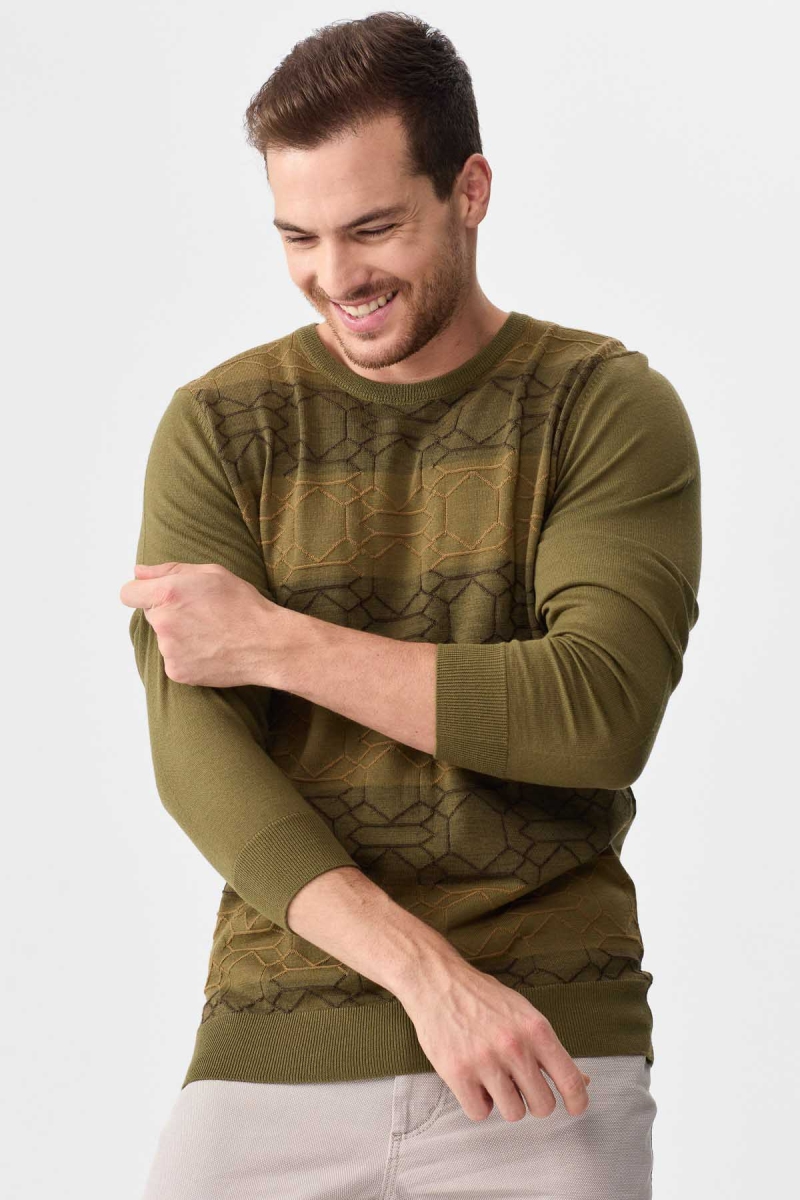 Desen Triko Erkek Önü Desenli Yün Kazak 2611 Haki Haki