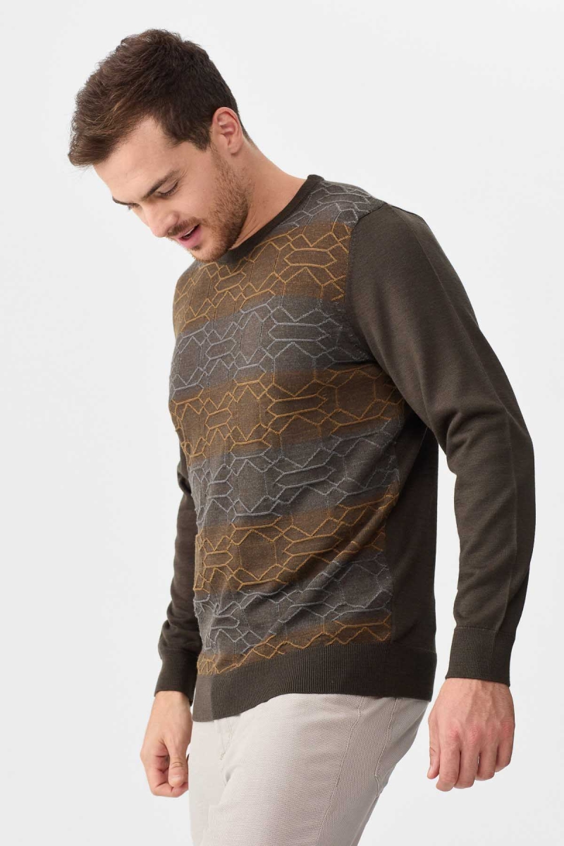 Desen Triko Erkek Önü Desenli Yün Kazak 2611 Kahverengi Kahverengi