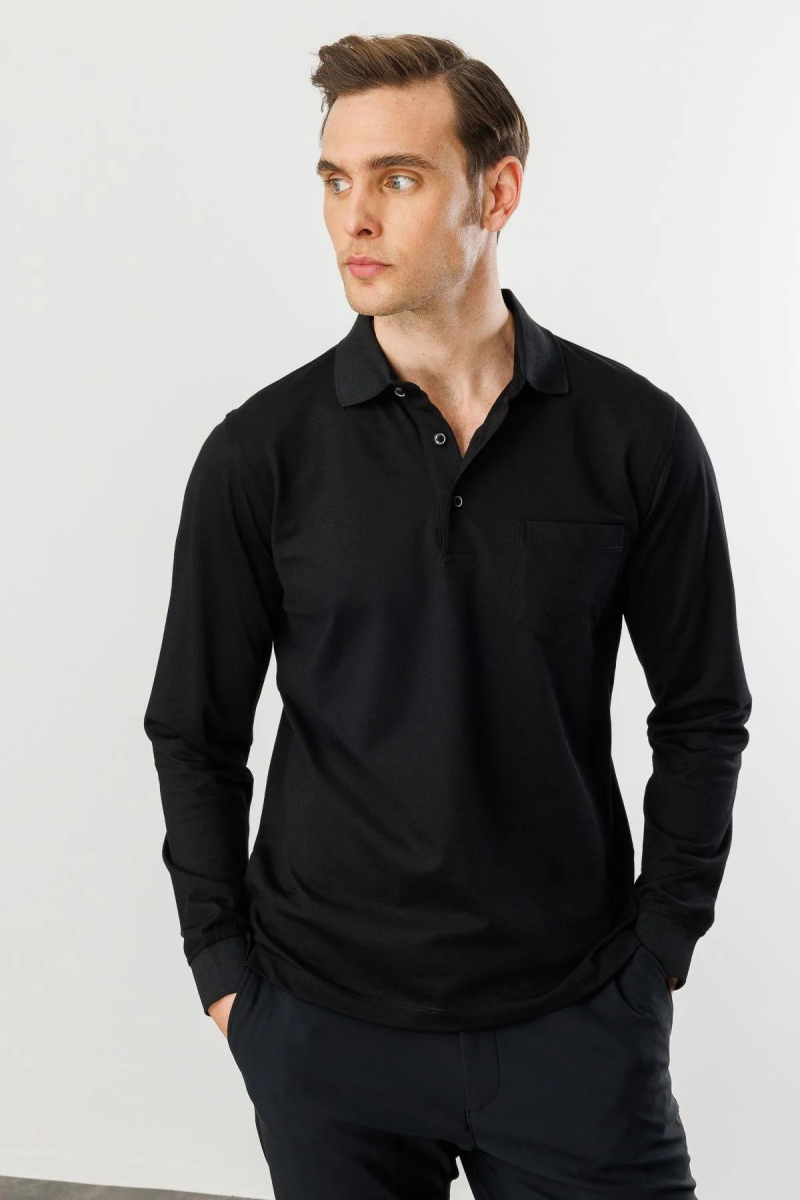Desen Triko Erkek Polo Yaka Cepli Uzun Kollu Sweatshirt 980 Siyah Siyah
