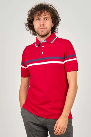 Desen Triko Erkek Polo Yaka Çizgi Detaylı T-Shirt 0249814 Kırmızı Kırmızı