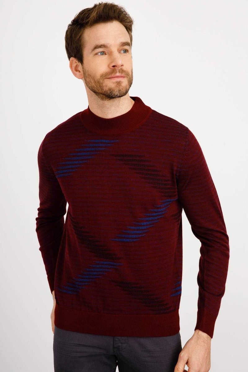 Desen Triko Erkek Renkli Dalga Desenli Yarım Balıkçı İnce Triko Kazak 02421632 Bordo Bordo