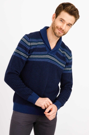 Desen Triko Erkek Şal Yaka Saf Yün Kazak 0248653 Indigo Indigo