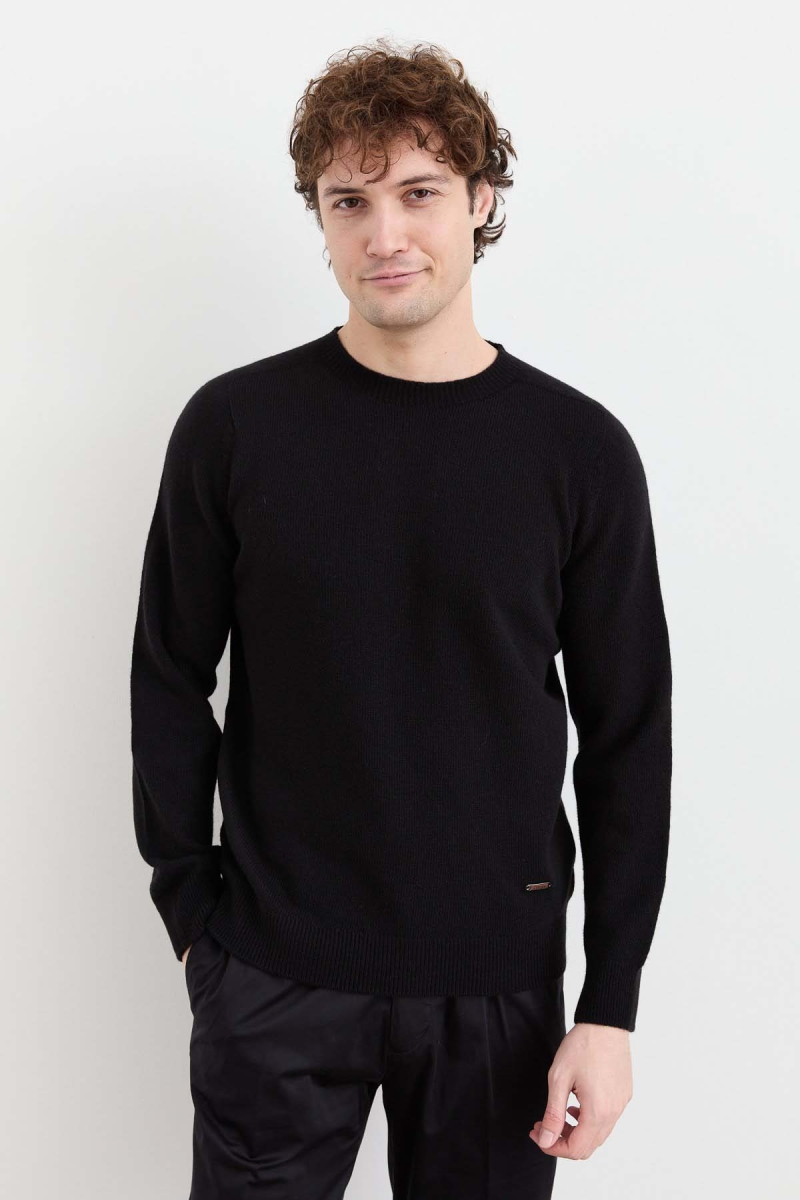 Desen Triko Erkek Sıfır Yaka Basic Yün Kazak 23525 Siyah Siyah