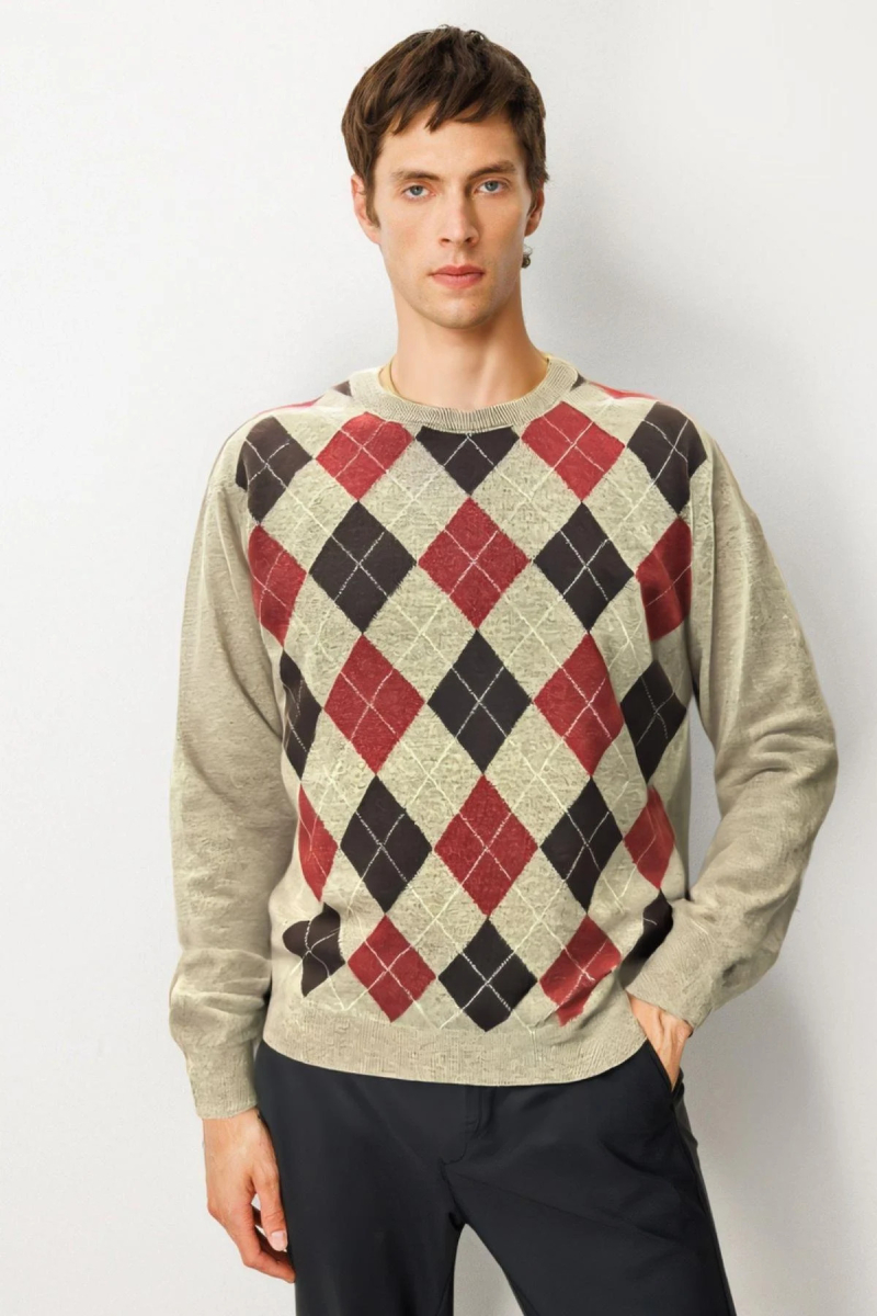 Desen Triko Erkek Sıfır Yaka Önü Baklava Desenli Kazak 24511 K. Bej K. Bej