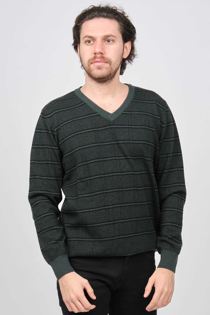 Desen Triko Erkek V Yaka Desenli Saf Yün Kazak 0246569 Yeşil Yeşil