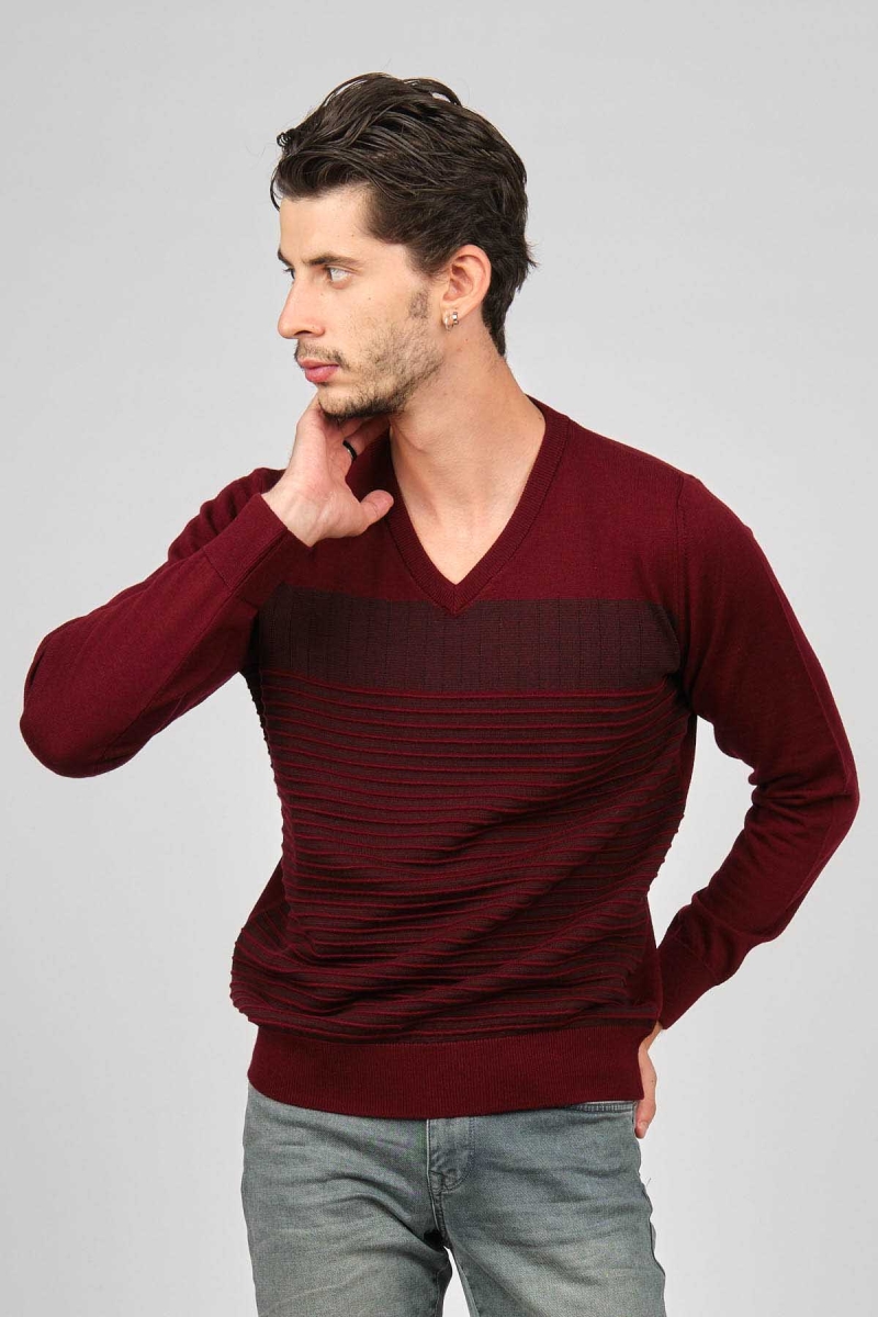 Desen Triko Erkek V Yaka Desenli Yün Kazak 0249640 Bordo Bordo