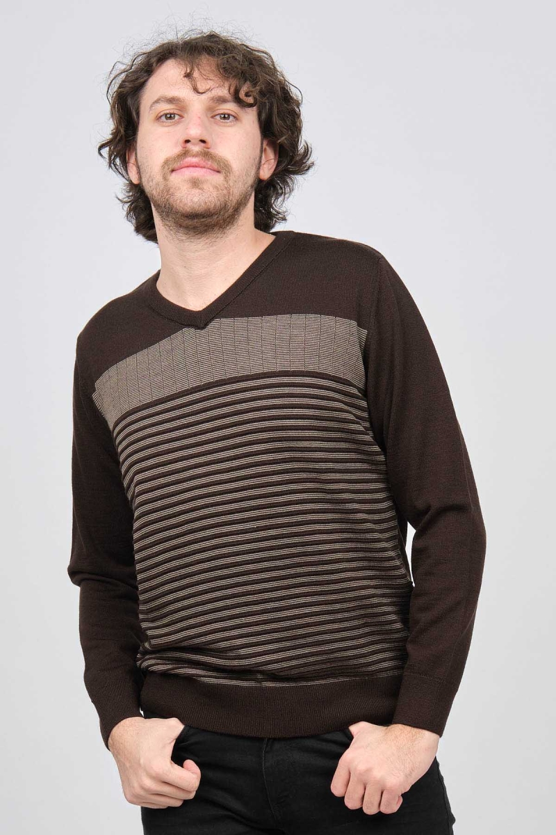 Desen Triko Erkek V Yaka Desenli Yün Kazak 0249640 Kahverengi Kahverengi