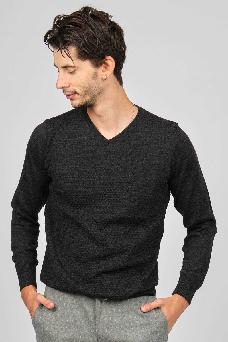 Desen Triko Erkek V Yaka Yün Kazak 0249617 Füme Füme