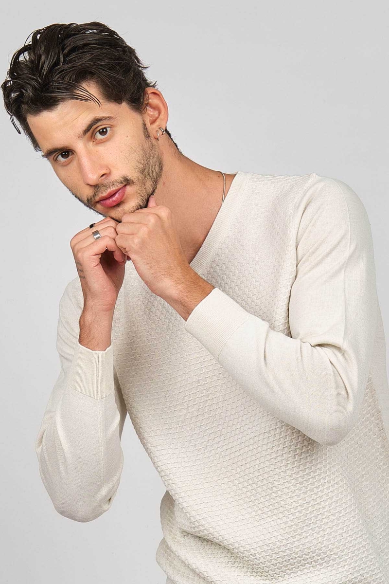 Desen Triko Erkek V Yaka Yün Kazak 0249617 Kemik KEMİK