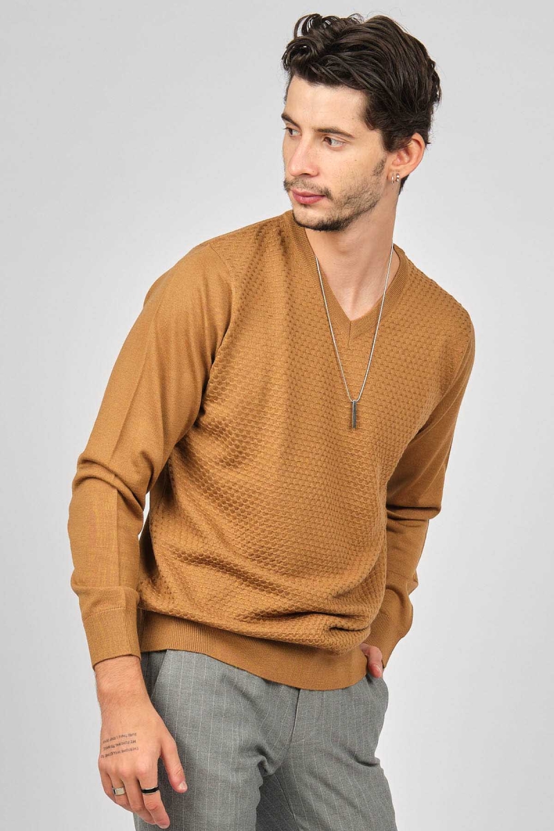 Desen Triko Erkek V Yaka Yün Kazak 0249617 Taba Taba