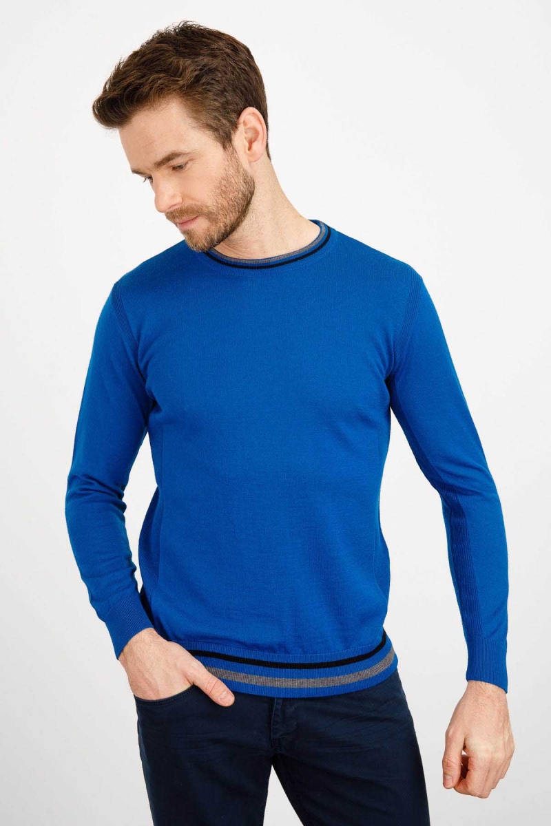 Desen Triko Erkek Yaka Kenarı Çizgili Bisiklet Yaka Yün Kazak 02421612 Saks Saks