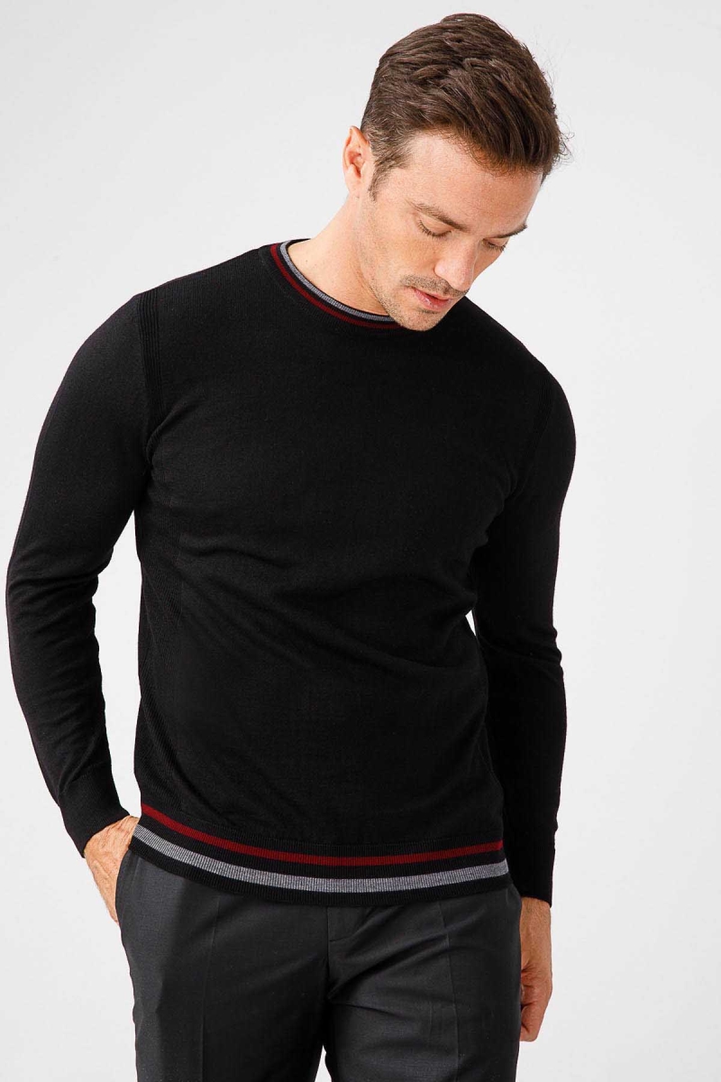 Desen Triko Erkek Yaka Kenarı Çizgili Bisiklet Yaka Yün Kazak 02421612 Siyah Siyah