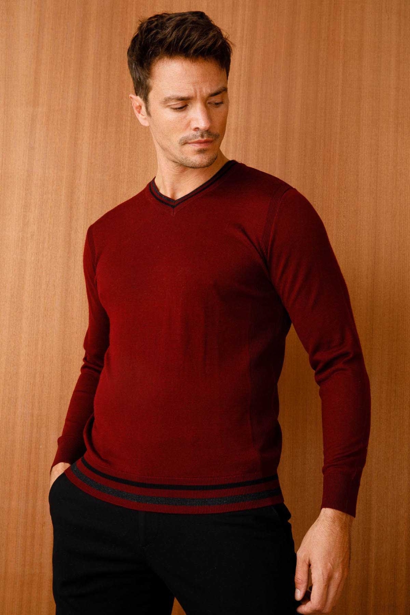 Desen Triko Erkek Yaka Kenarı Çizgili V Yaka Yün Kazak 02421613 Bordo Bordo