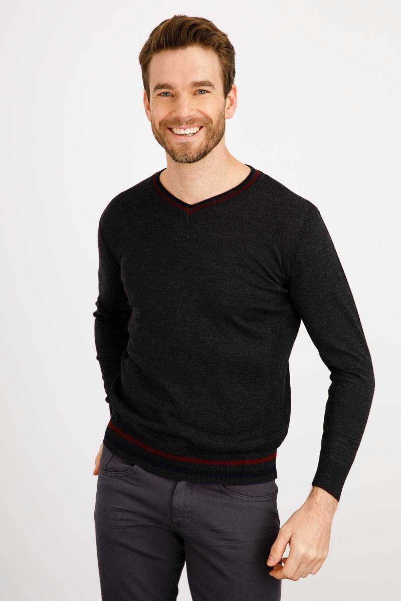 Desen Triko Erkek Yaka Kenarı Çizgili V Yaka Yün Kazak 02421613 K.Füme K.FÜME