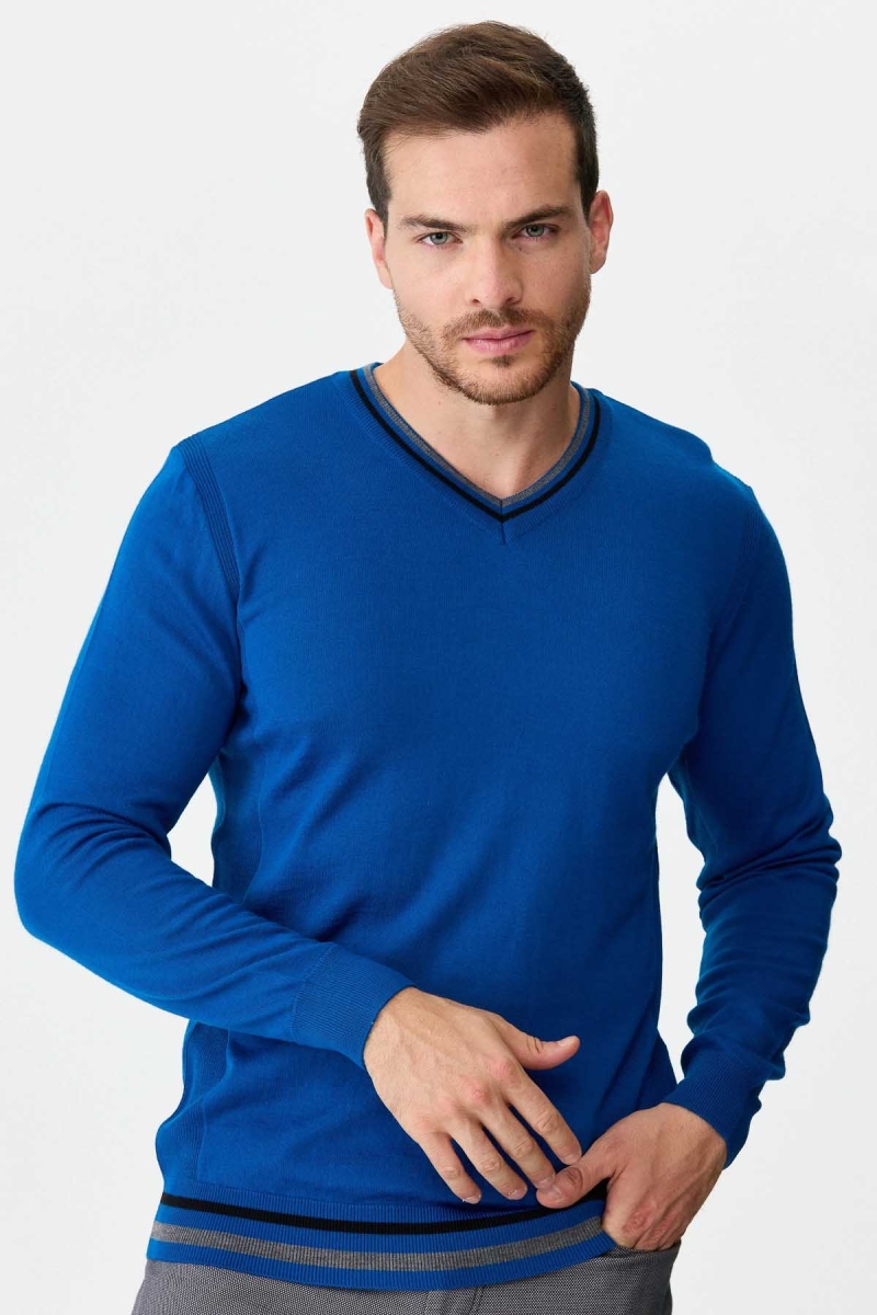 Desen Triko Erkek Yaka Kenarı Çizgili V Yaka Yün Kazak 02421613 Saks Saks