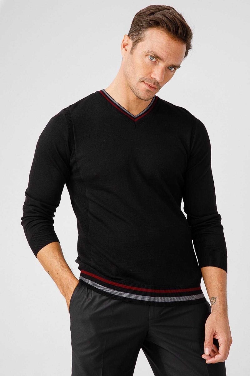 Desen Triko Erkek Yaka Kenarı Çizgili V Yaka Yün Kazak 02421613 Siyah Siyah