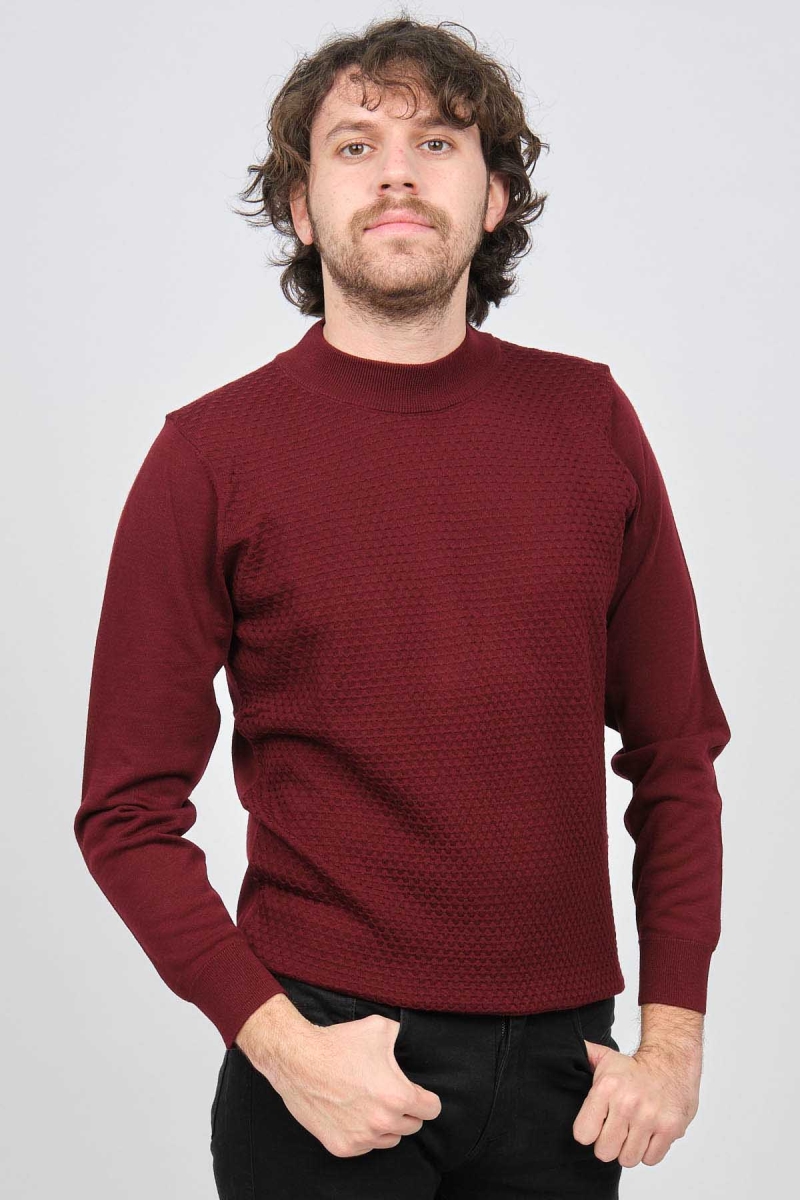 Desen Triko Erkek Yarım Balıkçı Desenli Yün Kazak 0249619 Bordo Bordo