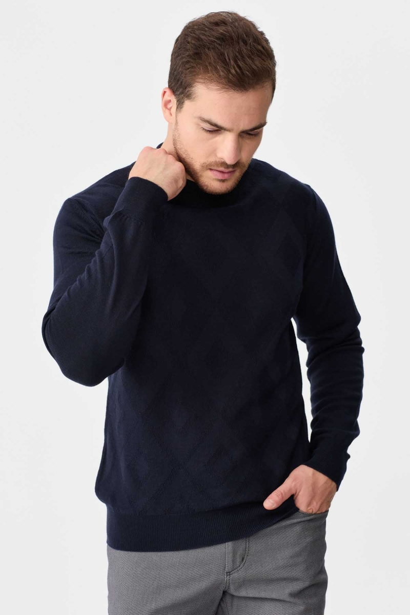 Desen Triko Erkek Yarım Balıkçı Yaka Baklava Desenli Yün Kazak 02422548 Lacivert Lacivert