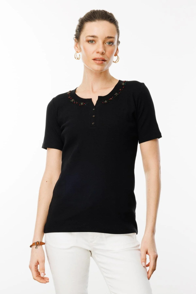 Desen Triko Kadın Açma Yaka Boncuk İşlemeli T-Shirt 24754 Siyah Siyah