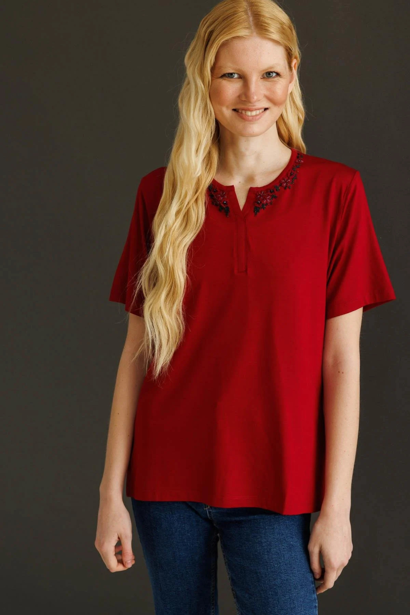 Desen Triko Kadın Açma Yaka Dantel Çiçek İşlemeli Penye T-Shirt 24751 Bordo Bordo