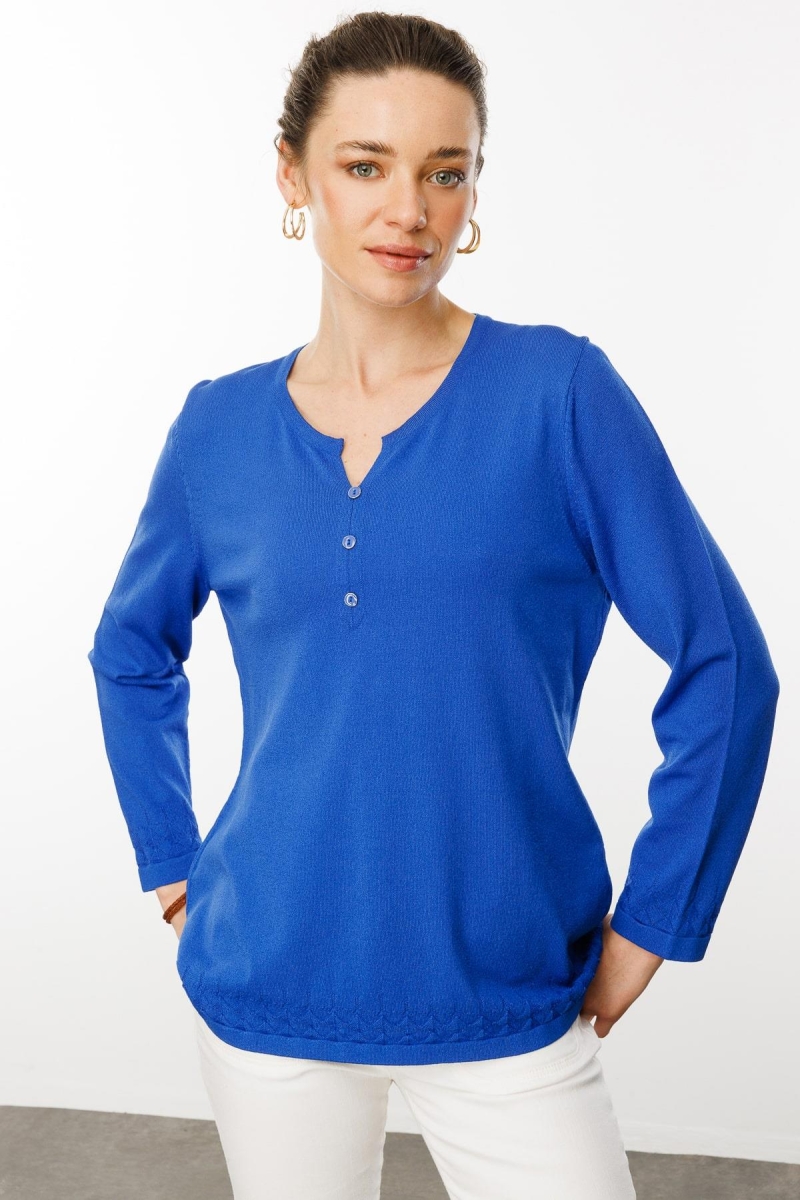 Desen Triko Kadın Açma Yaka Düğmeli Triko Bluz 25358 Saks Saks