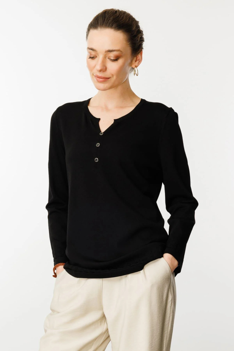 Desen Triko Kadın Açma Yaka Düğmeli Triko Bluz 25358 Siyah Siyah