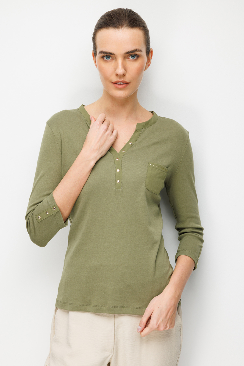 Desen Triko Kadın Açma Yaka Kol Ucu Metal Düğmeli Pamuklu Penye Bluz 26805 Haki Haki