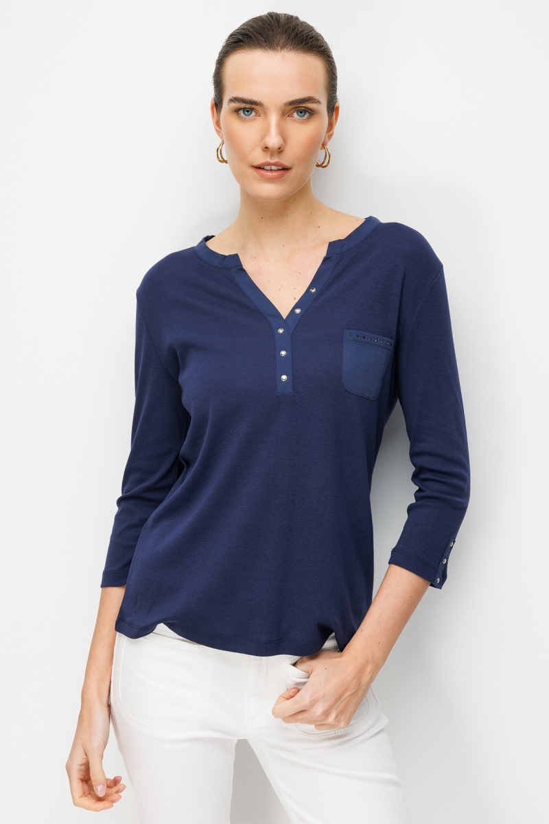 Desen Triko Kadın Açma Yaka Kol Ucu Metal Düğmeli Pamuklu Penye Bluz 26805 Lacivert Lacivert